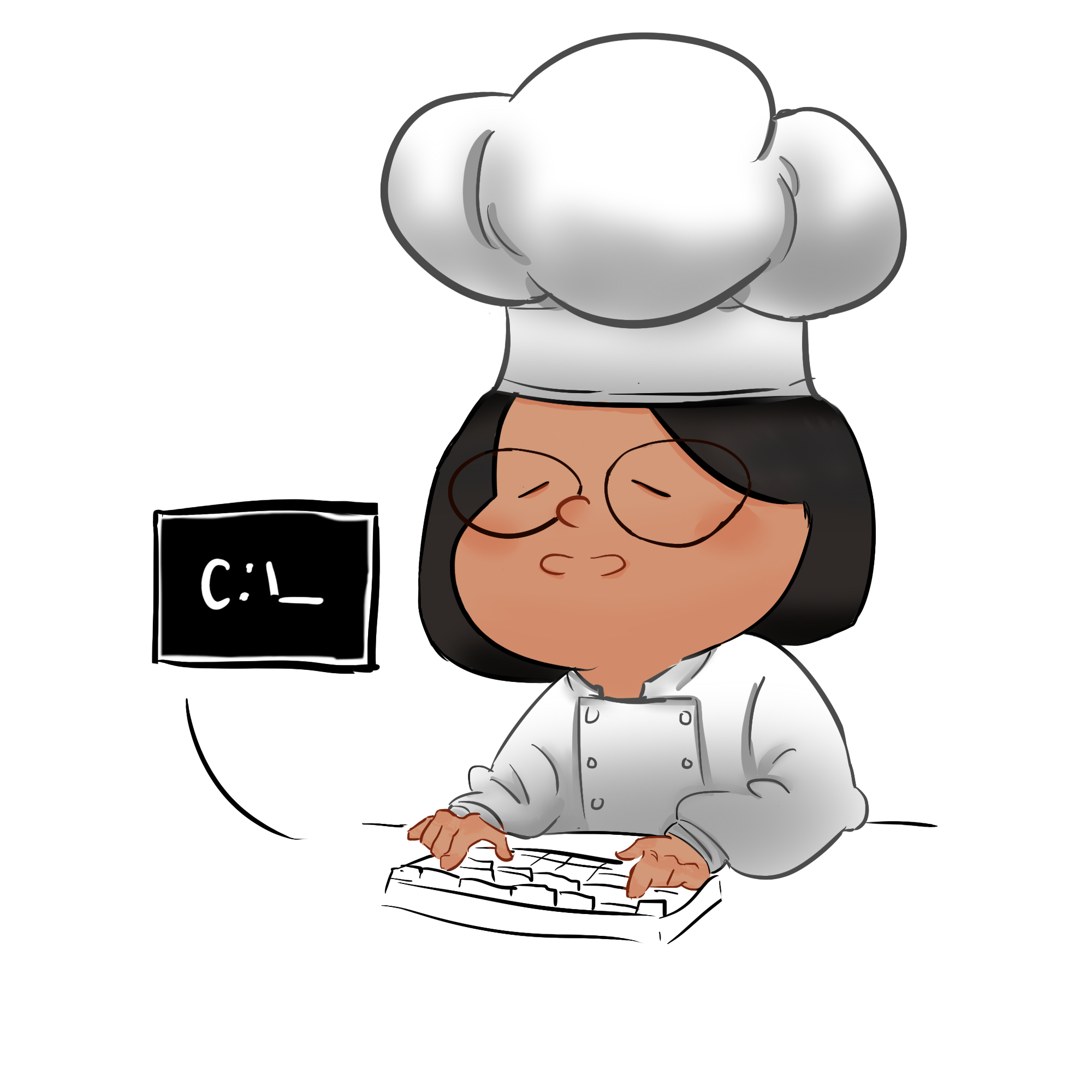A caricature of Justin wearing a chef's hat, while typing on a keyboard.