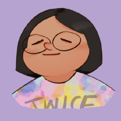 A caricature of Justin wearing glasses and Twice t-shirt.  